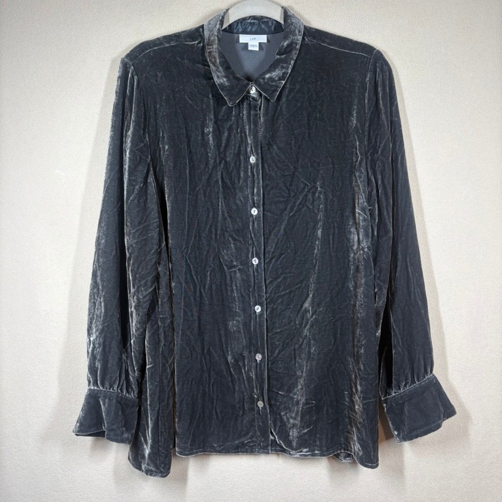 J. Jill Crushed Velvet Silk Blend Button Down Shirt Med Gray Party Minimalist